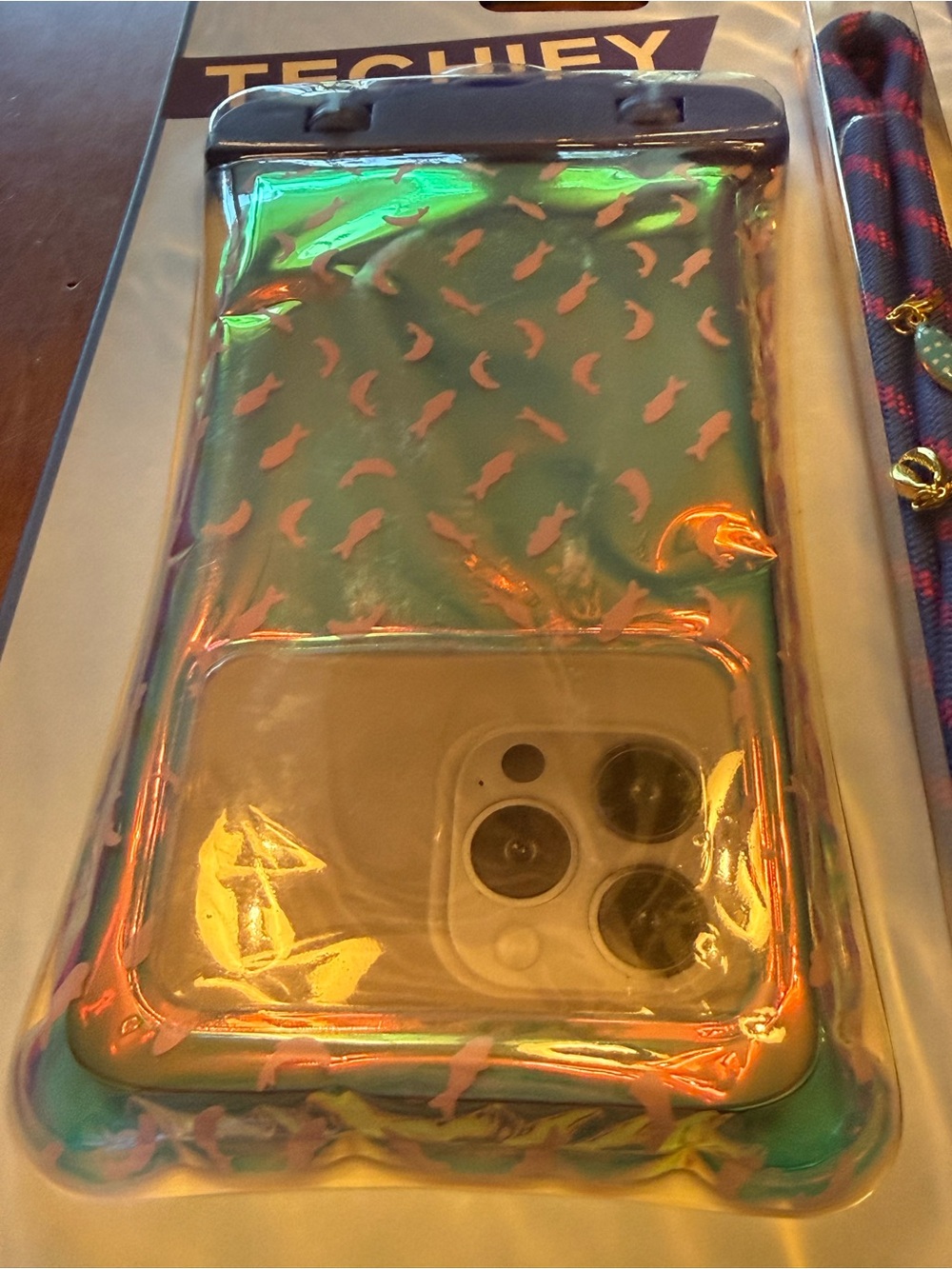 Iridescent Pink Waterproof Phone Pouch with Blue Strap - Picture 3 of 12
